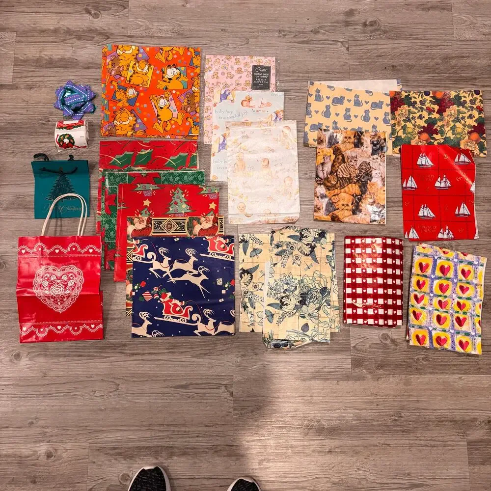 Vtg 80s Gift Wrap Wrapping Paper Gift Bags Ribbon Christmas Baby Shower Garfield